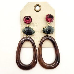 Anthropologie Gold Post Earrings w/Pink Jewel, Green Agate & Tortoiseshell NWT